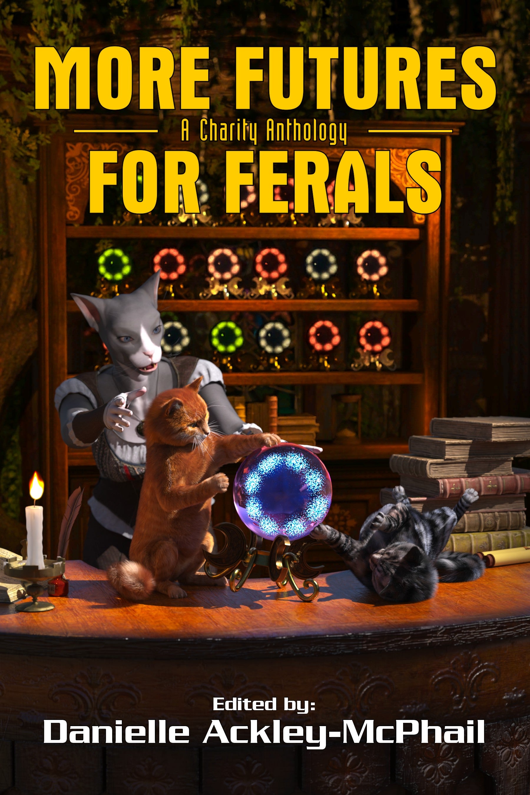 Cats using tools in an old-fashioned lab. The cover of More Futures for Ferals.